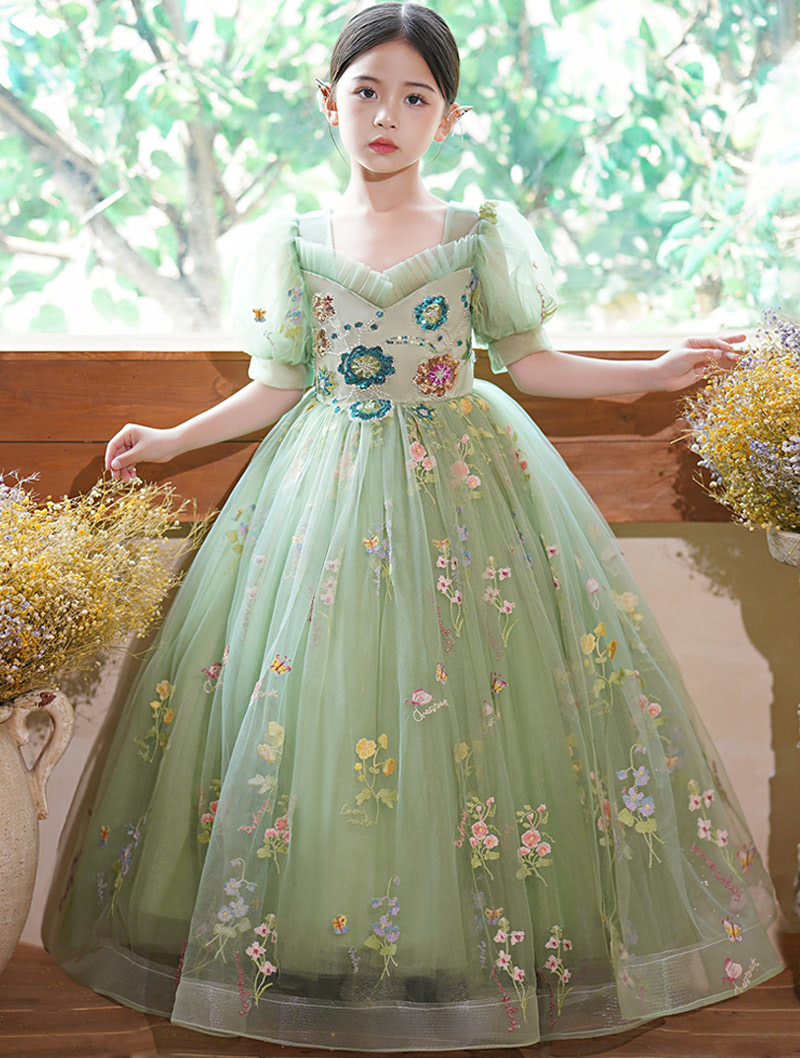 Aesthetic Green Floral Embroidery Girls Tutu Formal Long Dress01