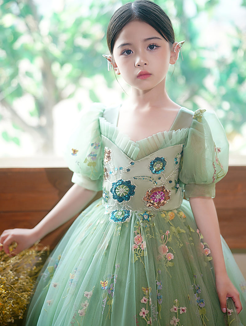 Aesthetic Green Floral Embroidery Girls Tutu Formal Long Dress02