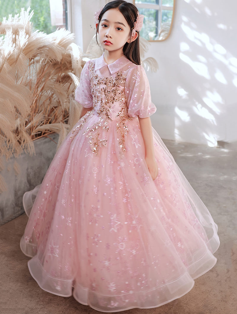 Beautiful Girls Pink Turnover Collar Tulle Evening Party Dancing Dress01