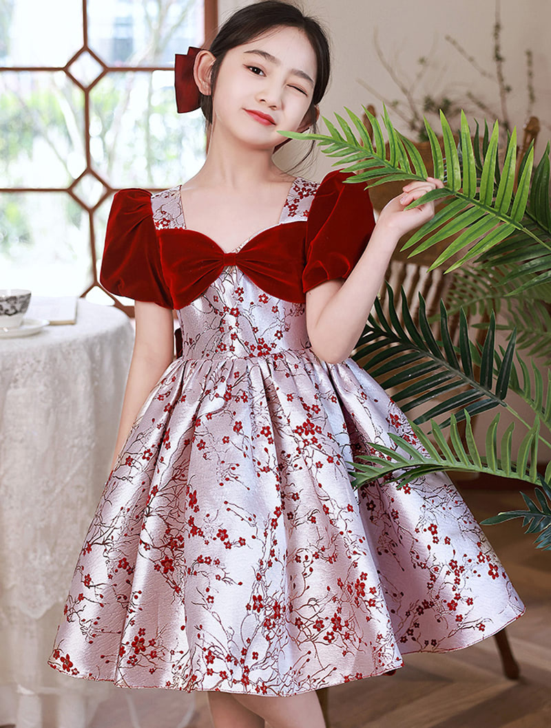Children's Fashion Floral Red Bridesmaid Party Short Prom Dress01