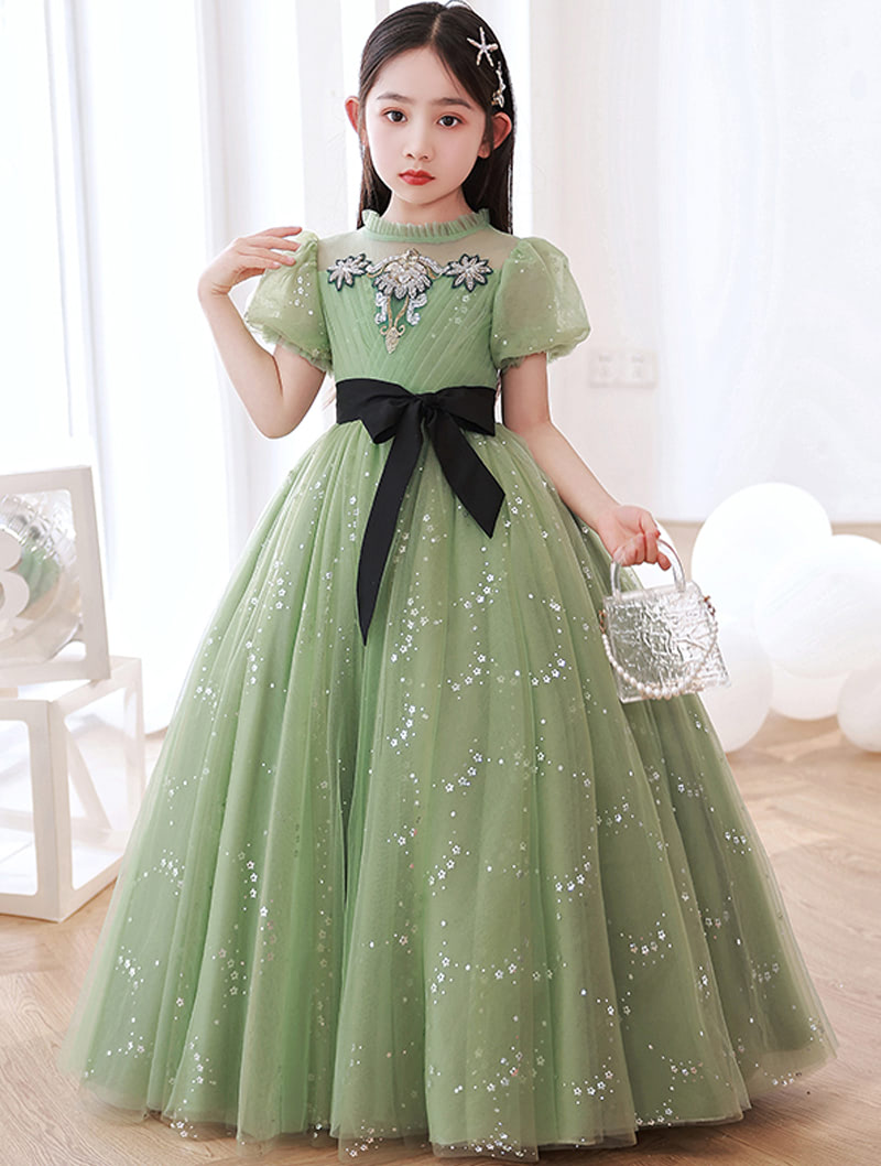 Green Ruffle Round Neck Short Sleeve Tulle Evening Cocktail Formal Dress01