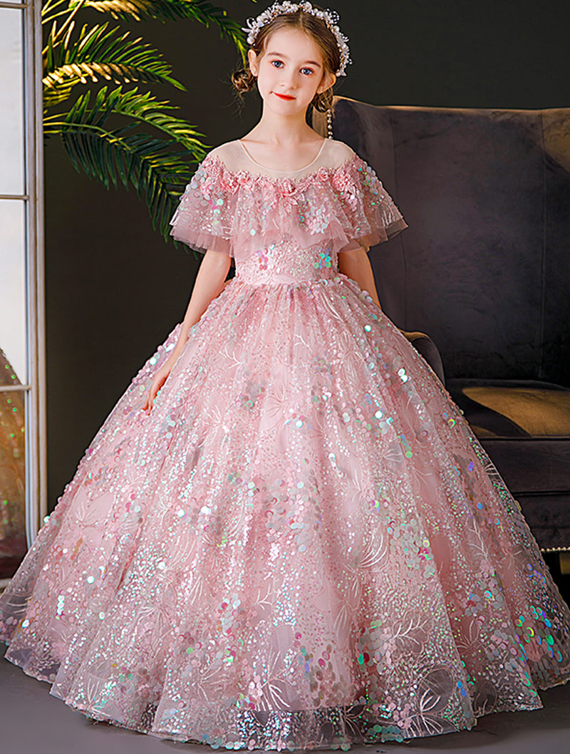 Aesthetic Girls Pink Princess Round Neck Sequin Pageant Party Long Dress01
